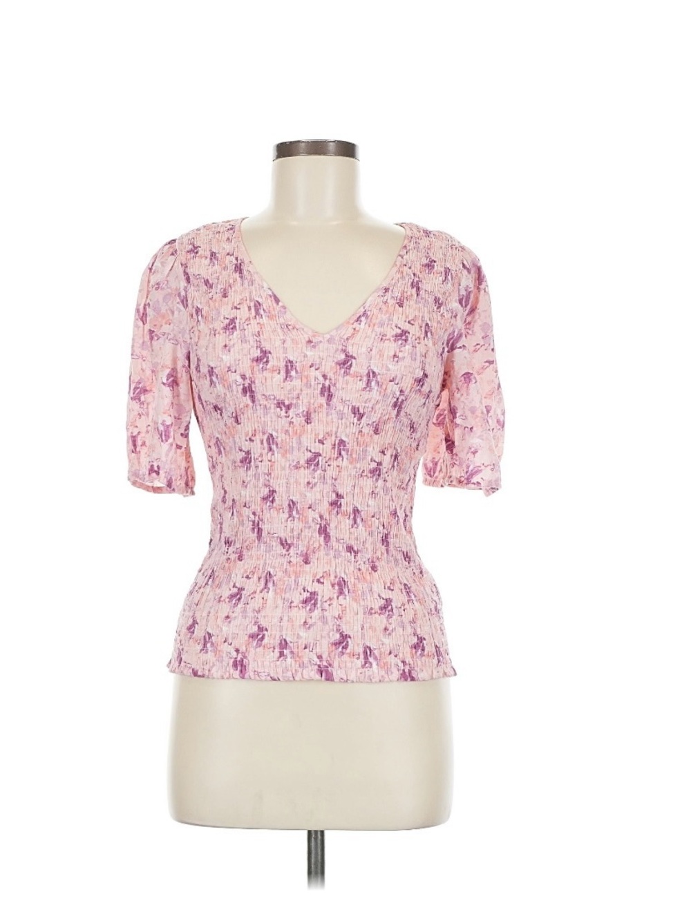 Nine West Pink Floral V-Neck Smocked Short Sleeve Top